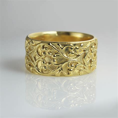 Filigree Wedding Band , Vintage Style Ring , Wide Wedding , Band , Yellow Gold , Women's Wedding ...