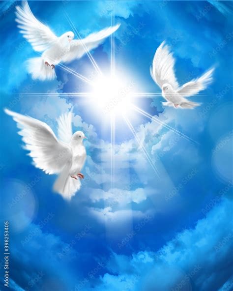 The flying three white doves around clouds stairs leading to shining heaven and the background ...