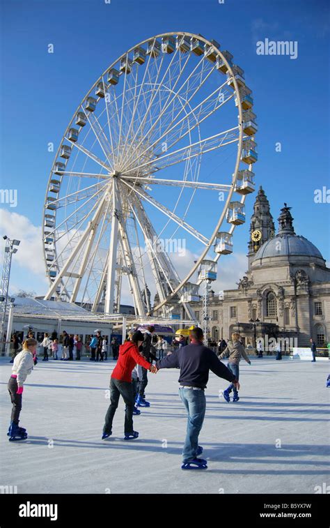 Winter Wonderland Ice Skating rink with Big Wheel, City Hall Gardens, Cardiff, Wales, United ...