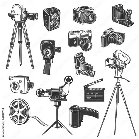 Film studio equipment, movie shooting retro vector icons, vintage photo and video camera, film ...