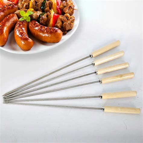 Stainless Steel BBQ Skewers Roast Meat Prod Wooden Handle Flat Skewer Long Grill Sticks Outdoor ...