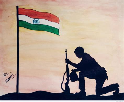 Army Soldier With Flag Drawing