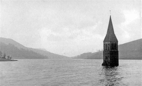 The church spire of the village of Derwent, which was flooded in 1943 to create Ladybower ...