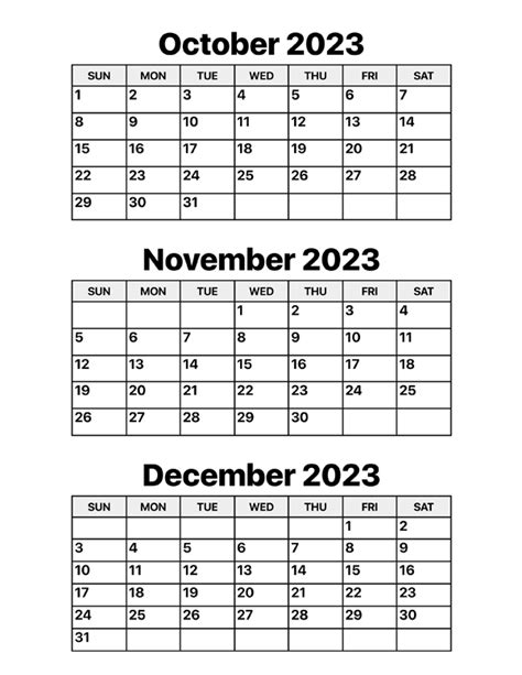 October, November and December 2023 Calendar – Calendar Options