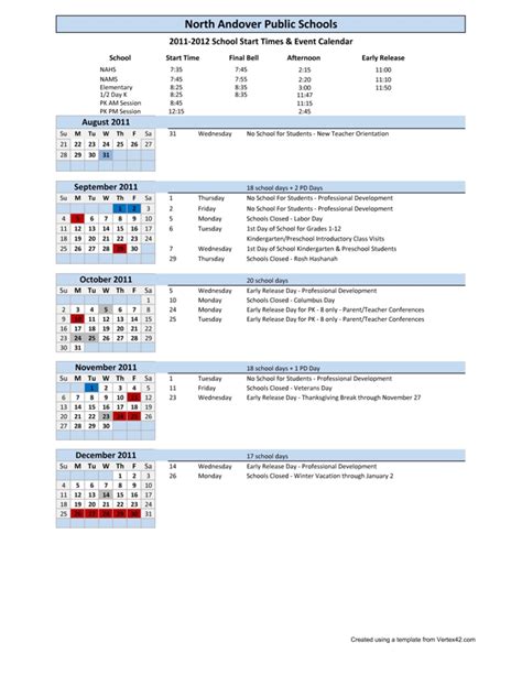 North Andover, MA Public School Calendar for 2011-12