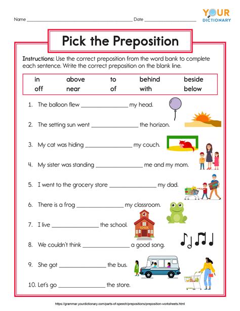 Preposition Worksheet For Grade 1