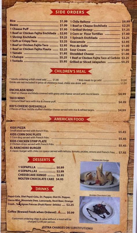 Menu at Rancho Grande Mexican restaurant, Center