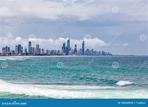 Surfers Paradise Skyline Over Ocean Waves. Stock Image - Image of ...