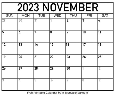 Free Printable November 2023 Calendars