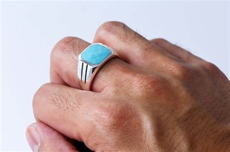 925 Sterling Silver Mens Square Turquoise Classic Style Solid Band Ring - SilverMania925