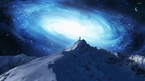 Man on the mountain peak overlooking the galaxy wallpaper - Fantasy ...