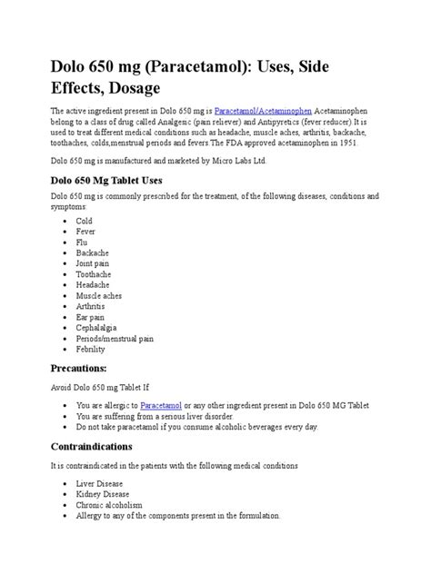 Dolo 650 MG (Paracetamol) : Uses, Side Effects, Dosage | PDF | Adverse ...