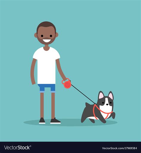 Young smiling black man walking the dog flat Vector Image