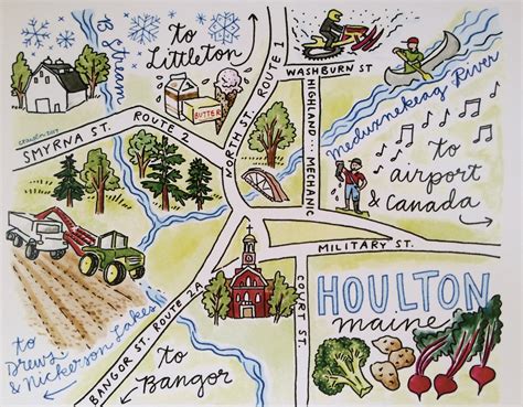 Houlton Maine, Illustrated Map Print, 8 x 10 inches