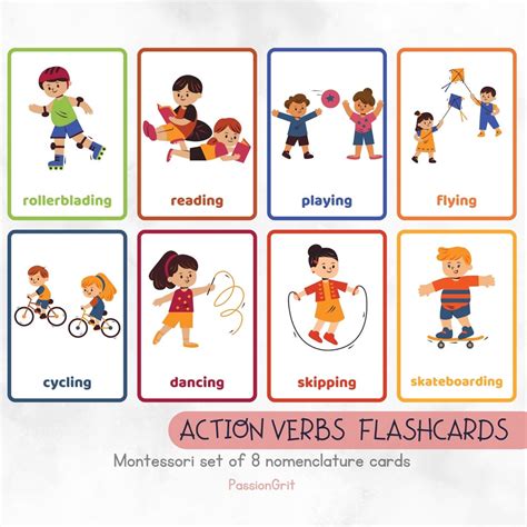 8 Action Verbs Nomenclature Flashcards Kids Education - Etsy