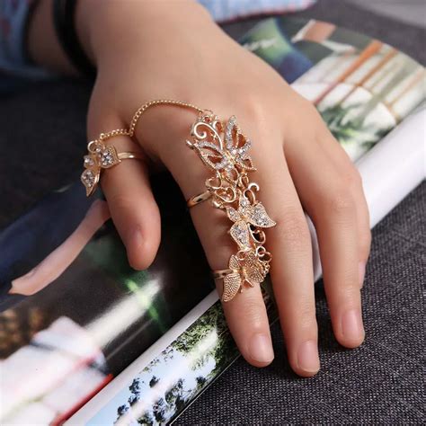 1PC Adjustable Fashion Crystal Rhinestone Rings Flower Butterfly Gold Chain Full Finger Rings ...