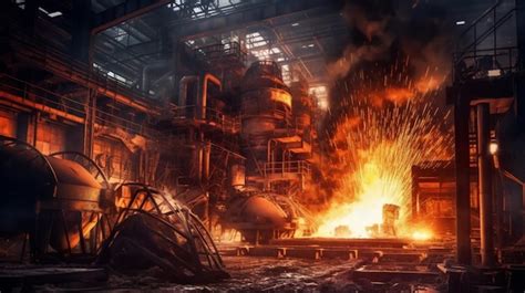 Premium Photo | A large factory with a burning explosion in the background