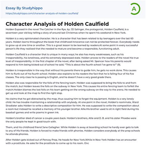 Character Analysis of Holden Caulfield “The Catcher in the Rye” Essay Example | StudyHippo.com