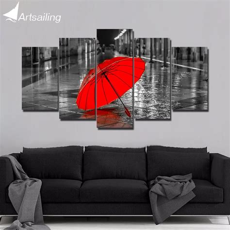 ArtSailing 5 panel canvas art print HD red umbrella Raining Scenery ...