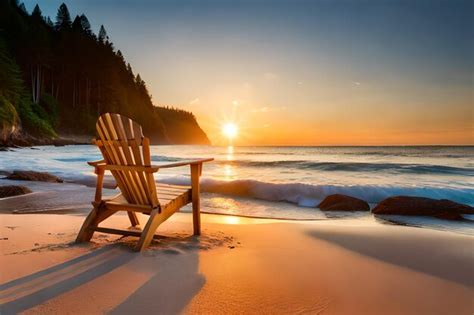 Premium Photo | A chair on the beach at sunset