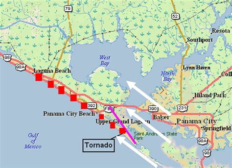 Geometry of Panama City tornado. Red squares indicate area of high-rise ...