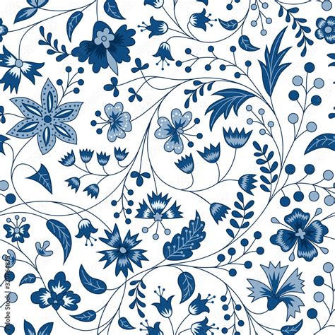 Chintz seamless pattern. Blue floral background. Indian Fabric with ...