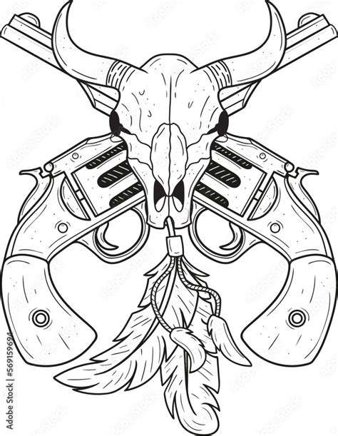 Wild West mascot with bison skull with revolvers and feathers. Vector ...