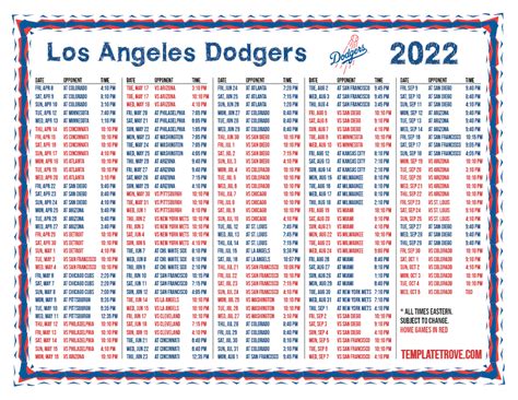 Printable 2022 Los Angeles Dodgers Schedule