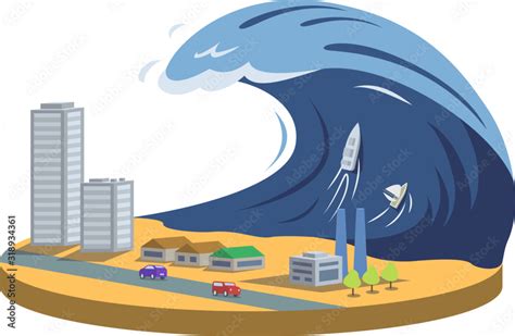 Typhoon cartoon vector illustration. Tsunami. High wave covering city ...