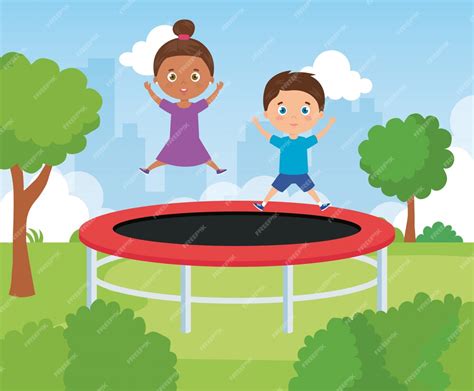 Premium Vector | Cute kids in park playing in trampoline illustration