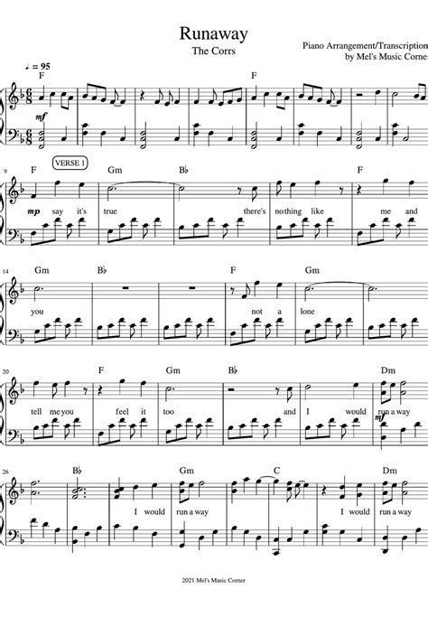 The Corrs - Runaway (piano sheet music) Sheet by Mel's Music Corner