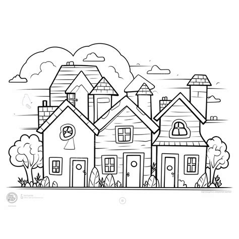Town House Coloring Page With Houses, House Drawing, Town Drawing, Ring Drawing PNG Transparent ...