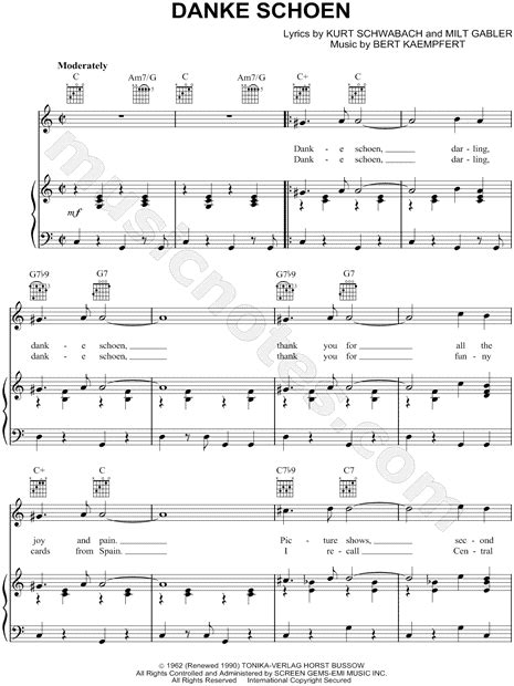 Wayne Newton "Danke Schoen" Sheet Music in C Major (transposable ...