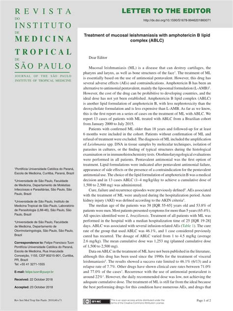 (PDF) Treatment of mucosal leishmaniasis with amphotericin B lipid ...