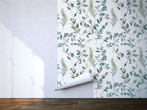 Watercolor Wallpaper With Eucalyptus Branches Floral Peel - Etsy