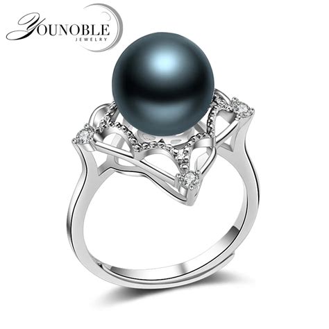 Wedding Black Pearl Rings Women,Real Round Tahitian Natural Pearl Ring 925 Silver Jewelry Wife ...