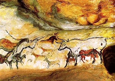 Hall of the Bulls in the Lascaux Cave in Dordogne France. Painted c. 15,000-13,000 B.C. it is ...