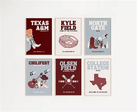 Maroon and White Texas A&M Set of 6 Prints College Station Texas TAMU Wall Art Pack Tamu Wall ...