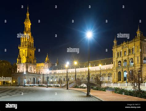 night view of Plaza de Espana with tower. Seville, Spain Stock Photo ...