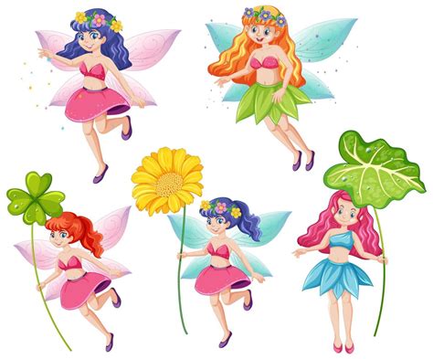 Set of cute fairies holding a flowers 1268900 Vector Art at Vecteezy