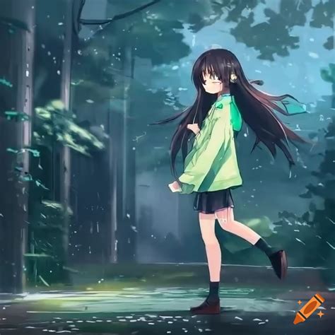 Anime girl walking in the rain on Craiyon