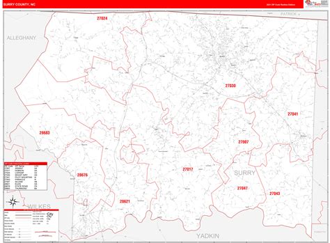 Surry County, NC Zip Code Wall Map Red Line Style by MarketMAPS