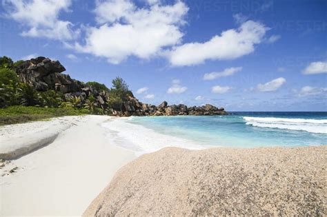 Seychelles, View of the Petit Anse beach at La DIgue Island stock photo