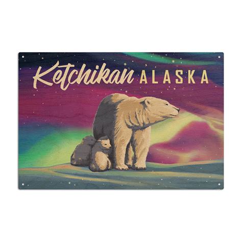 Ketchikan, Alaska, Northern Lights, Polar Bear Birch Wood Wall Sign (6x9 Rustic Home Decor ...