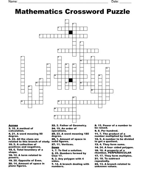 Math Crossword Puzzles With Answers