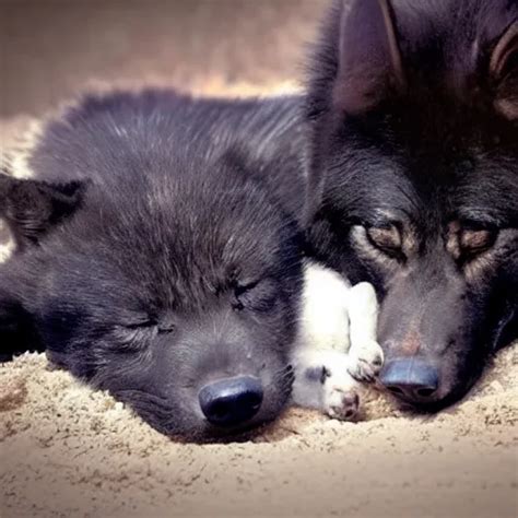 big black wolf with little black wolf puppy, sleeping, | Stable ...