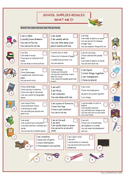 What Am I? (School Supplies Riddles)…: English ESL worksheets pdf & doc