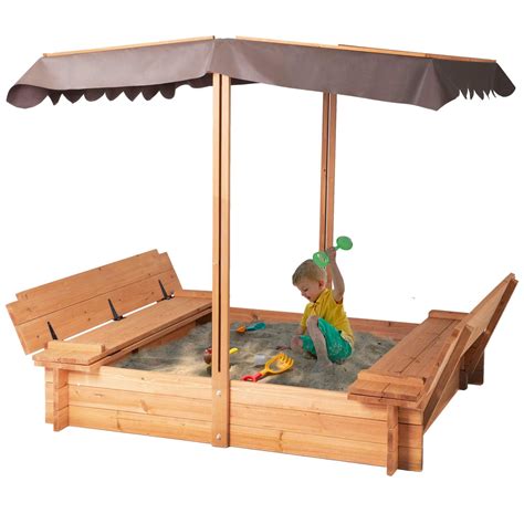 BIRASIL Wood Sandbox with Cover, Sand Box with 2 Bench Seats for Aged 3 ...