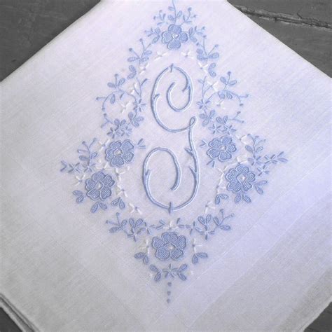 Linen Handkerchief Blue Embroidery Monogram G