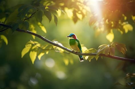 Premium Photo | A green bird sits on a branch in a green forest.